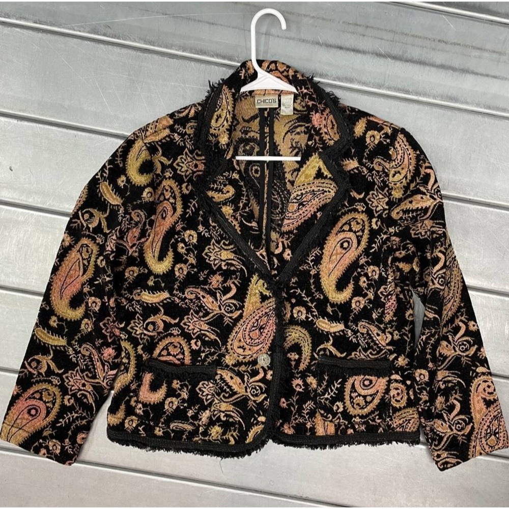 Chicos Paisley Blazer Jacket Womens Chicos‎ 3 US 16 Black Fringe